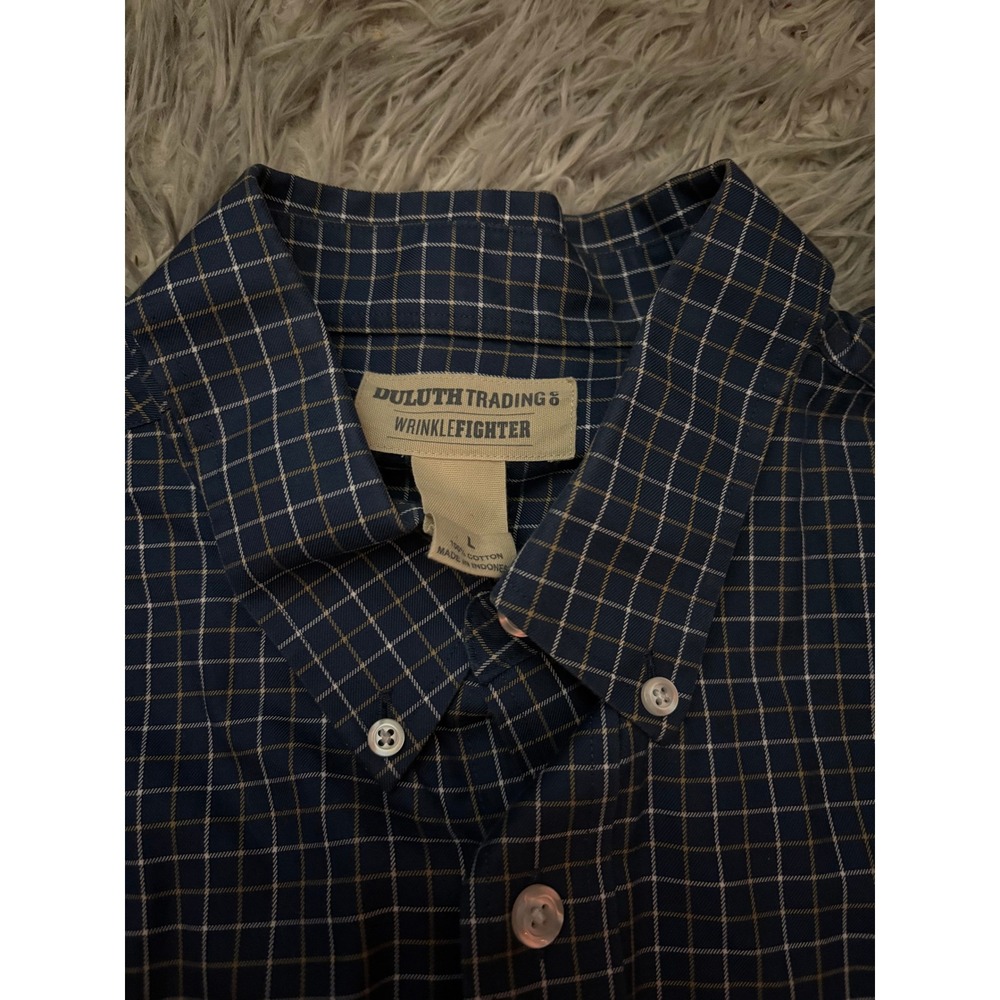 Duluth Trading Co Mens WrinkleFighter Button Down Shirt L Navy Plaid Long Sleeve
